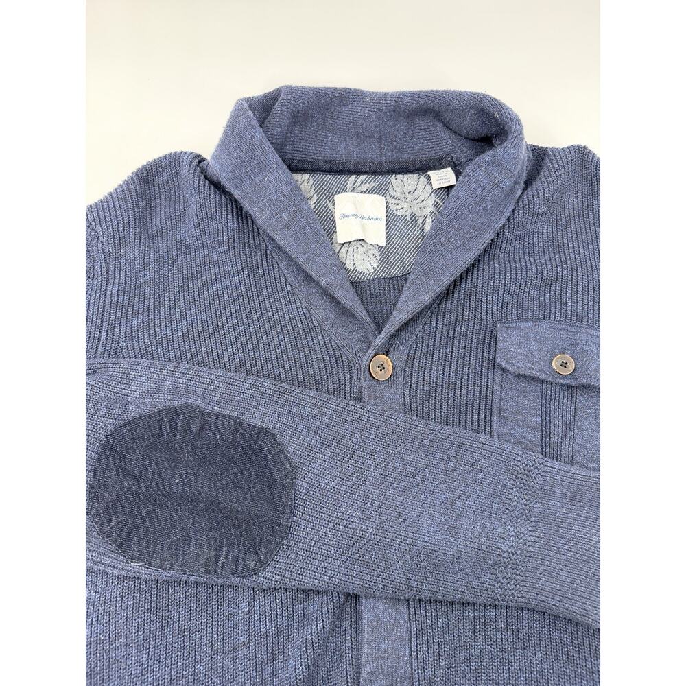 Tommy Bahama Men’s XL Cardigan‎ Sweater Blue 100% Cotton Elbow Patch Grandpacore